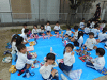 園庭でお弁当を食べるこども達の写真